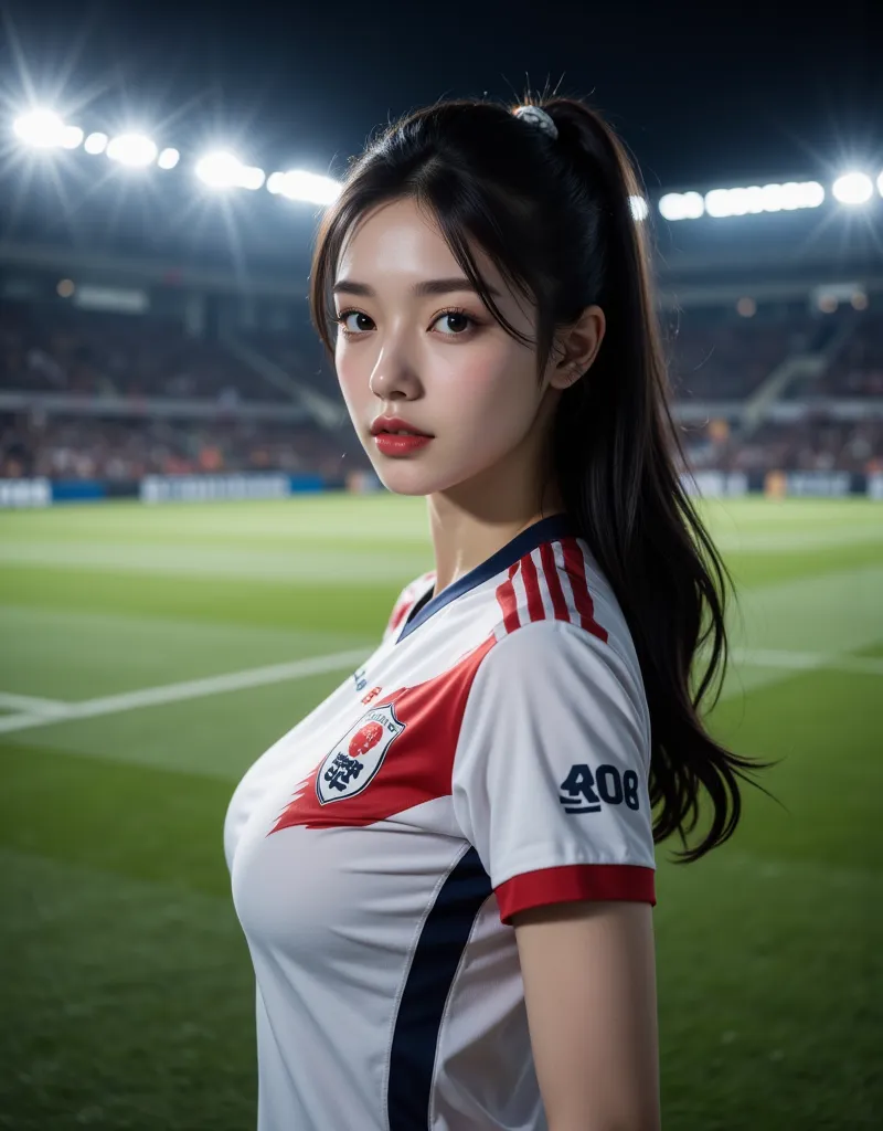 (清楚で超 beautyな巨乳の韓国人美女が日本代表のユニフォームを着て立っている:1.2)(Laughing whistling :1.2)(汗ばんだbeautiful skin:1.1)(16k,  RAW photos , Top Quality, masterpiece: 1.2),(glossy and beautiful wavy ponytail with black hair:1.1) Super Detail, super resolution, (Genuine, Genuine pho...