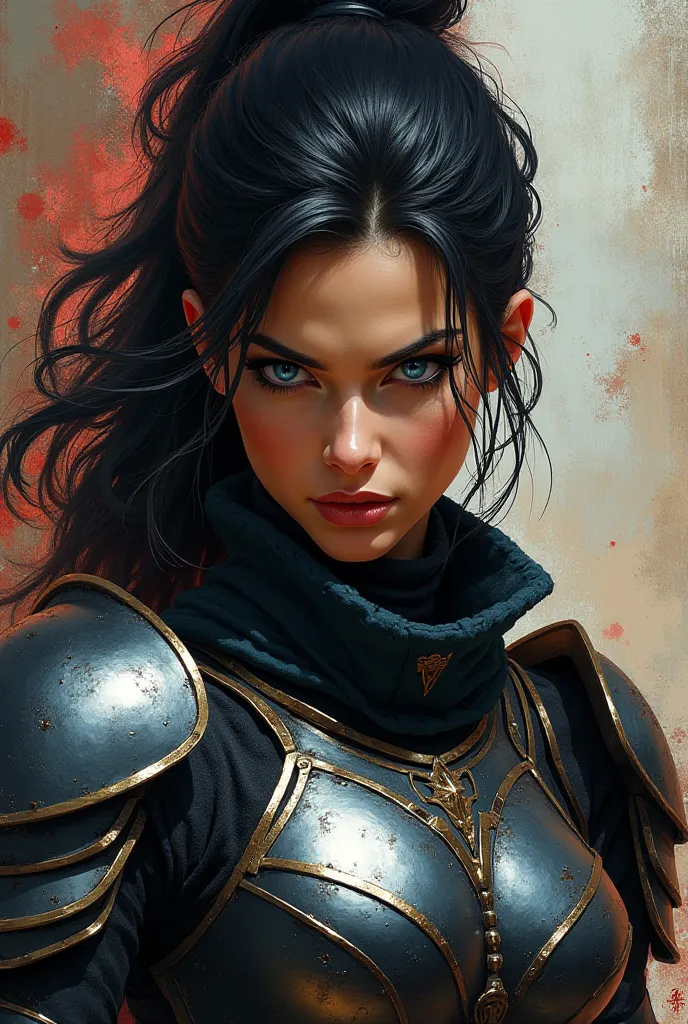 

Prompt:
"A fierce and determined female warrior with piercing blue eyes and dark, tousled hair, wearing intricate black and silver armor. Her gaze is intense, with dark makeup accentuating her eyes, and her expression is resolute. The background is an ab...