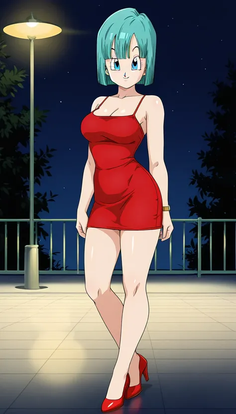 anime screencap, masterpiece, best quality, amazing quality, very aesthetic, absurdres,  newest, 
bulma, android saga, official style, 1girl, solo, short hair, blue eyes, bob cut, aqua hair, collarbone, cleavage, wristwatch, looking at viewer, bare shoulde...