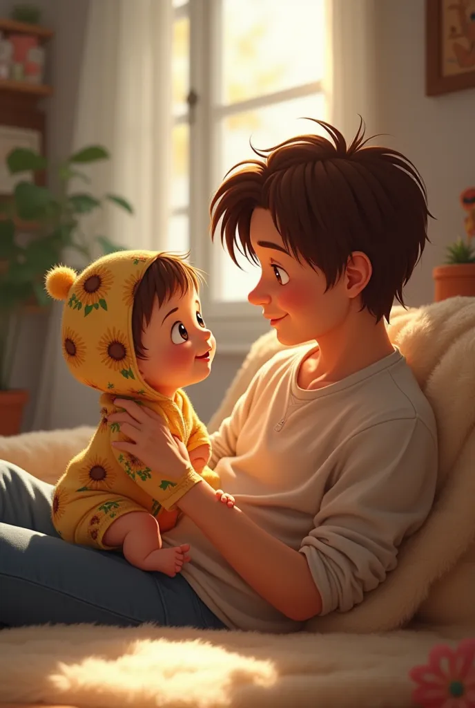  inside the house、A male father with semilon hair and a baby wearing a sunflower hoodie are playing
