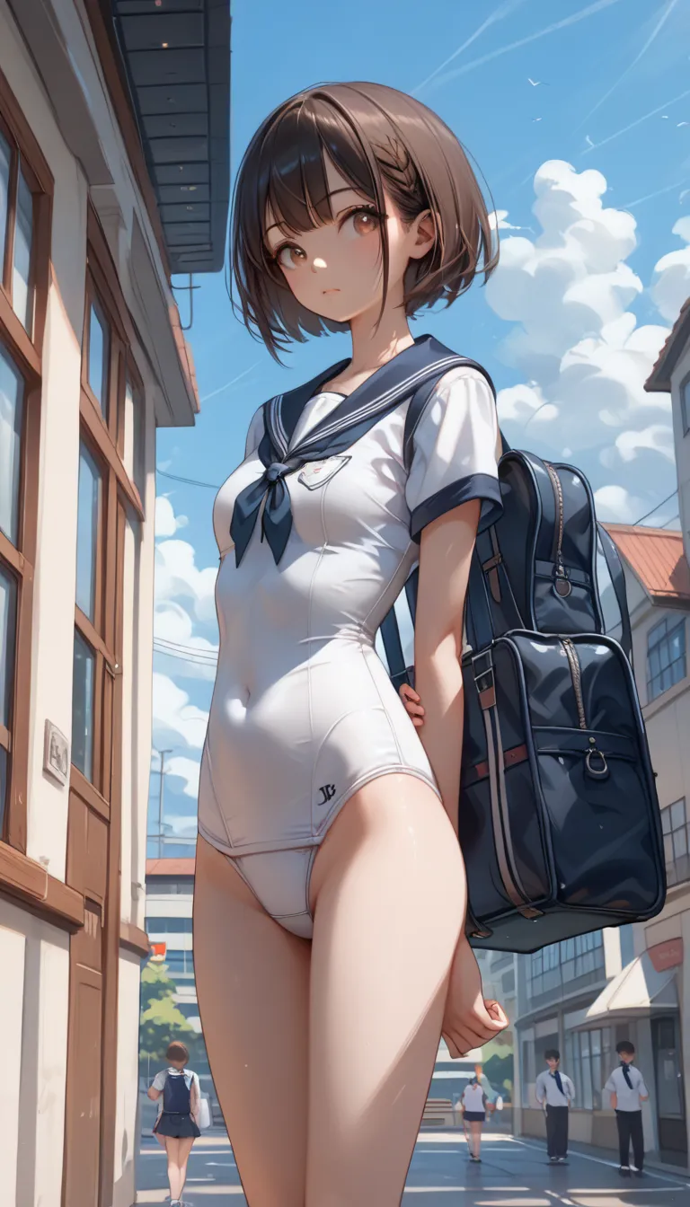 Girl Standing In Schoolyard, Cumulonimbus clouds floating in the summer sky, (White school swimsuit:1.2), Over a navy blue sailor shirt, school bag, , (Very slim:1.4), Thin thighs, knees, Brown eyes, Short hair tied low