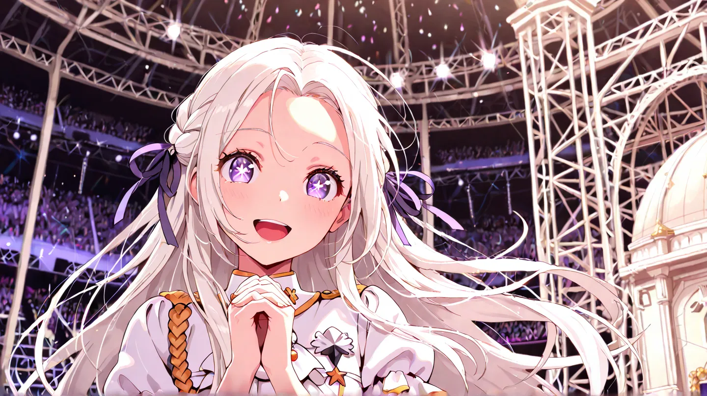 masterpiece, best quality, 1girl, solo, dfltedel, long hair, half updo, white hair, sidelocks, purple eyes, big eyes, symbol-shaped pupils, hair ribbon, purple ribbon, pure White idol clothes, upper body, own hands clasped, looking at viewer, smile, open m...