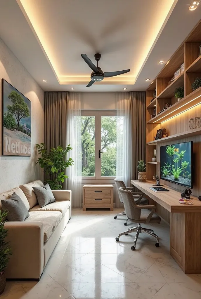 Create a image 
 Details 

A room
'Nethusha' word is on wall
It have a white ceiling 
More trees,plants in room
A beutiful study table,bed,sofa,cupboard,fish tank,tv,mobile,laptop and monitor in room

Include all these in image