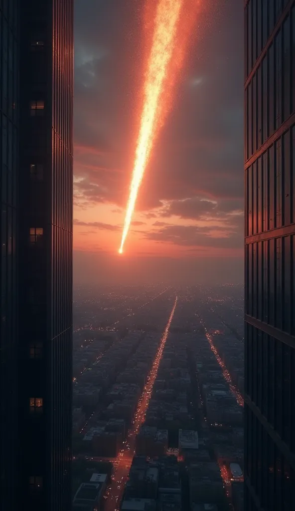 "The meteor reflected in an observation window, with a quiet city below, but panicked to see what is about to happen."