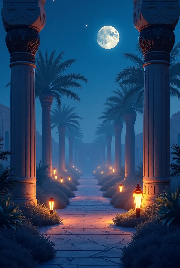 Night landscape with lamps and Arab pillars, remaining color palettes, and that it is mysterious and pleasant and that it makes you not stop seeing