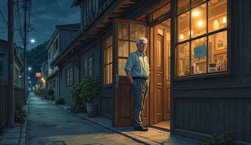 Create manga image In the night an old man with short white hair wearing glasses opens the front door of a restaurant 