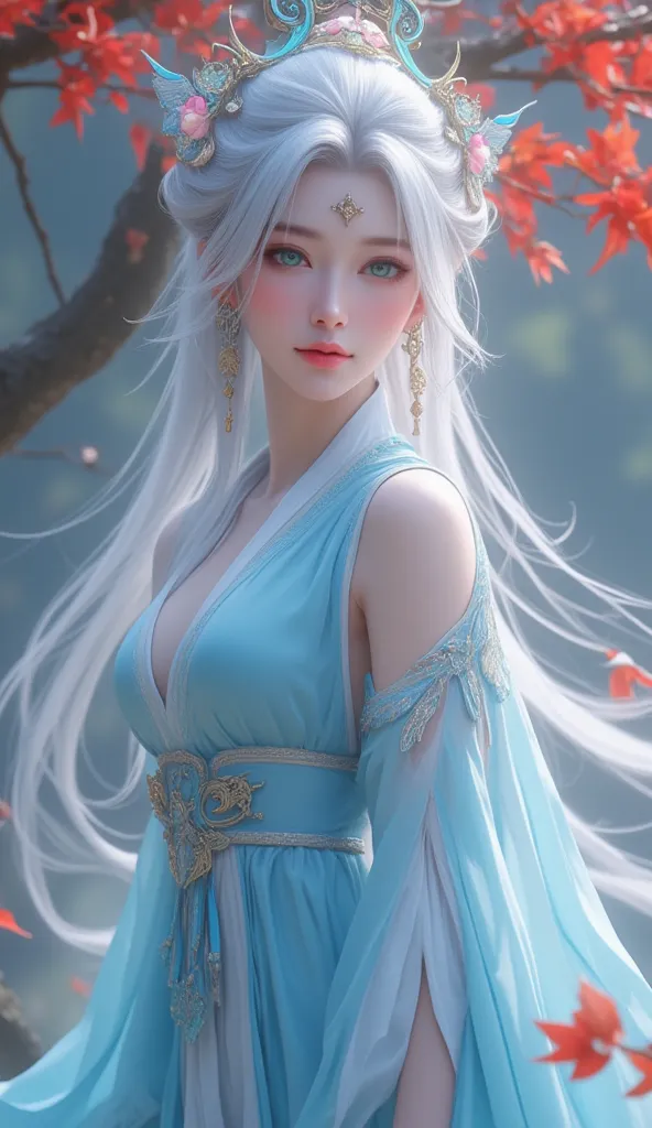 Chinese Fairy Tales character, Arrogant demeanor, full-body, mature woman, cool beauty, living expressions, cold gaze, look down, platinum hair, shiny silky, long hair, earrings, Petals hair ornament, forehead ornament, captivating eyes, emerald eyes, hour...