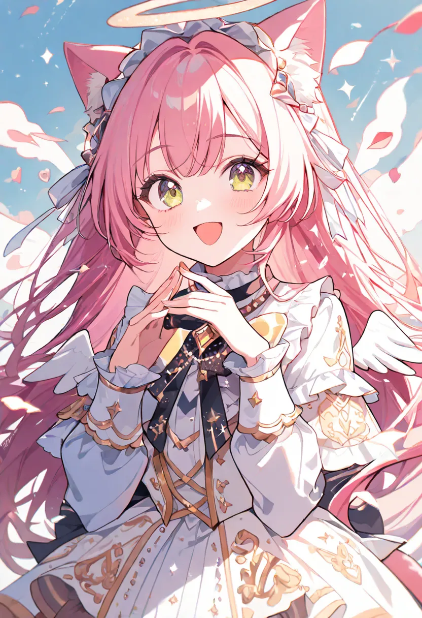 Ultra-detailed and ultra-fine line drawing style anime coloring illustrations, masterpiece, very aesthetic, 
cute anime cat angel boy with (long hair) and pink hair and cat ears and cat tail and angel wing and angel halo, lolita fashion outfits, open mouth...