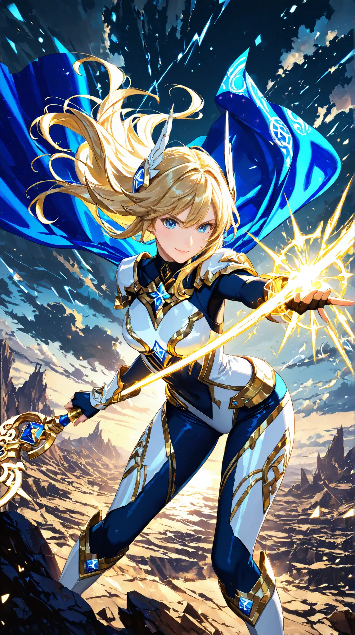 "Ultra-detailed digital artwork of Luxanna Crownguard (Lux), the Lady of Luminosity, in a dynamic pose mid-battle. Appearance: Young woman in her early 20s, fair porcelain skin, bright sky-blue eyes glowing with magical energy, and long golden-blonde hair ...