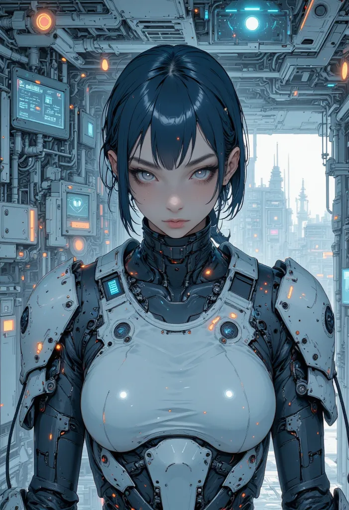 4K anime style image quality,digital drawing mode,A shy and shy engineer,has short dark blue hair and dark gray-blue eyes,wearing Uchigane Nishiki IS combat armor,with white and navy blue exterior armor,standing in an advanced military testing facility,sur...