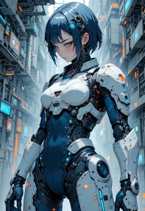 4K anime style image quality,digital drawing mode,A shy and shy engineer,has short dark blue hair and dark gray-blue eyes,wearing Uchigane Nishiki IS combat armor,with white and navy blue exterior armor,standing in an advanced military testing facility,sur...