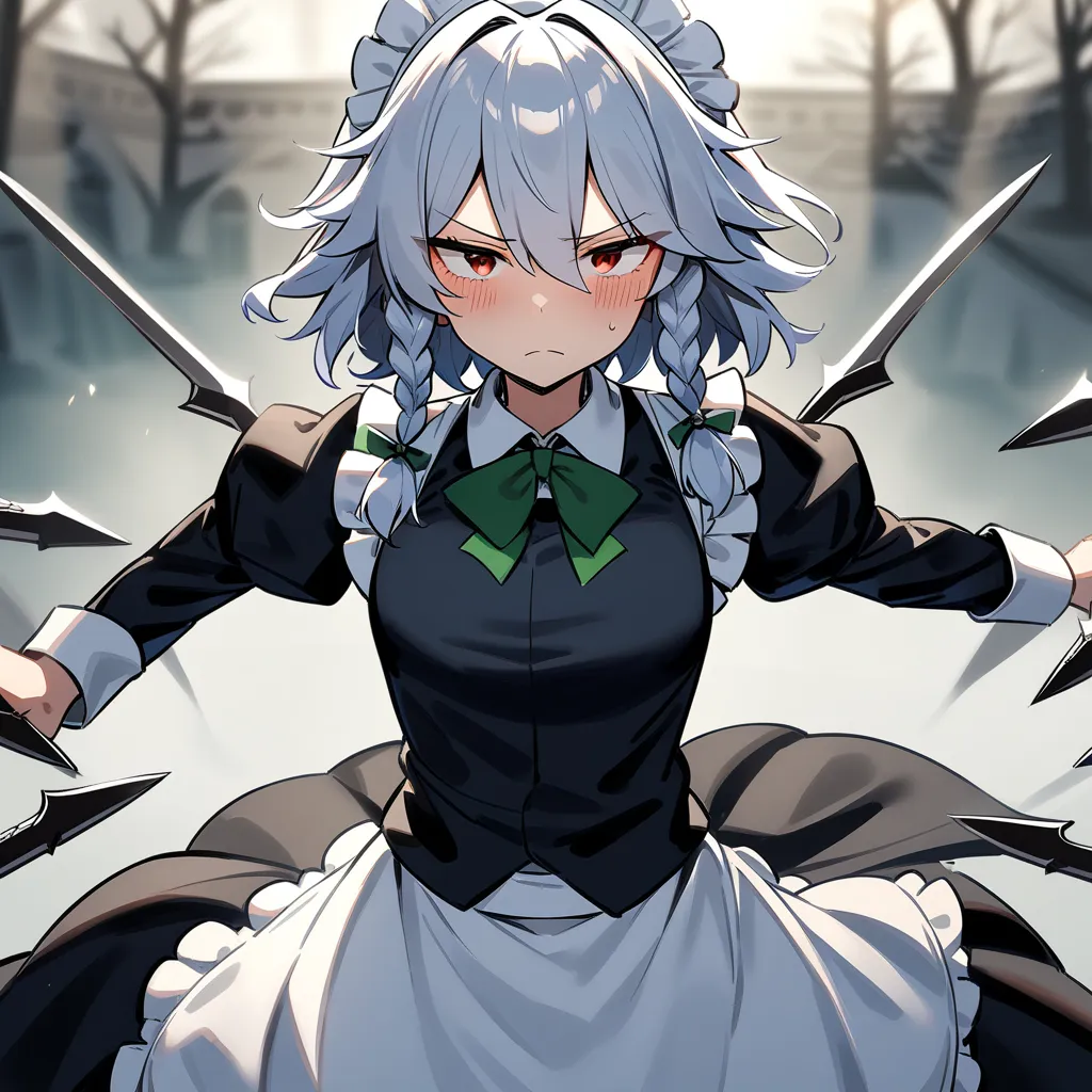 1 fille, izayoi sakuya, Touhou, Alone, coiffe de maid, maid, apron, manches courtes, Robe, Closed Mouth, apron blanc, regardant le spectateur, apron de maid, puff sleeves courtes, volants, puff sleeves, Robe noire, apron à volants, hair between your eyes, ...