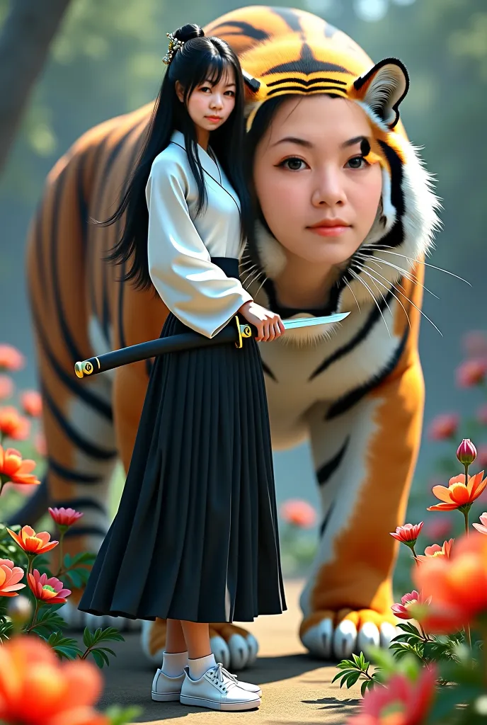 
created a very realistic 3D painting image, a beautiful  old long-haired Japanese woman, wearing a white long-sleeved shirt, black plisket skirt, long white socks and sneakers, holding a sharp, shiny katana, looking forward with a sharp gaze, standing and...