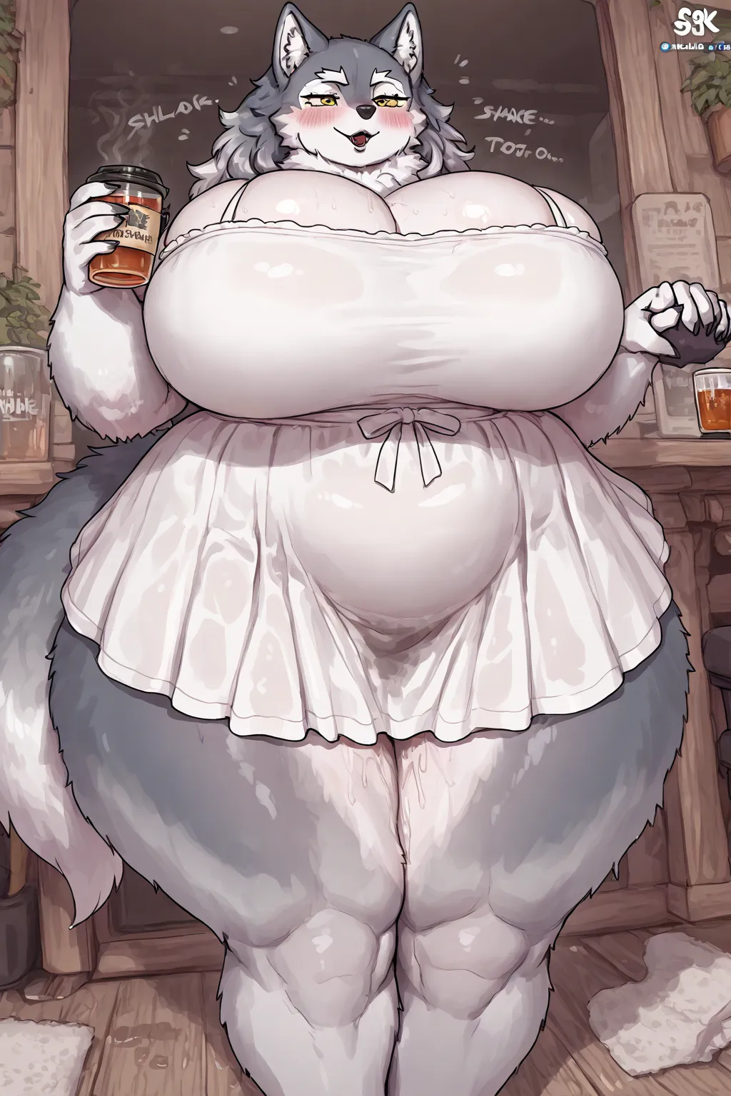 Thick hairy gray wolf , Alone , ( huge puffy breasts ),highres, 8K (gigantic body), of foot, shake ,hand holding the cup of black tea , wet white dress ,drink black tea,