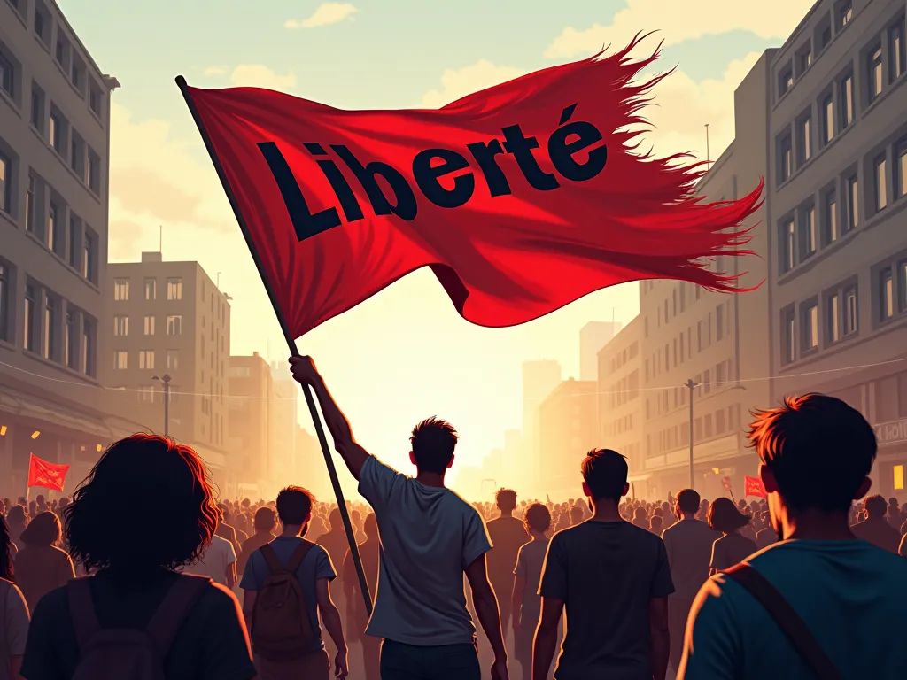 A revolutionary flag with 'Liberté', held by a crowd of people in a protest, strong wind, emotional atmosphere.