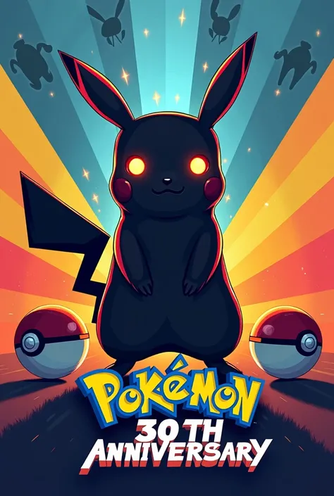 ((Masterpiece)), ((ultra-detailed digital illustration)), ((8k resolution)), ((poster design with bold typography)).  
A dynamic and **highly stylized anniversary poster** featuring a **dark-themed Pikachu** as the central character, standing in a **three-...