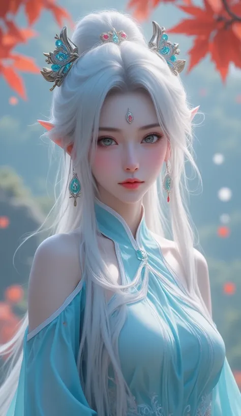 Chinese Fairy Tales character, Arrogant demeanor, full-body, mature woman, cool beauty, living expressions, cold gaze, look down, platinum hair, shiny silky, long hair, earrings, Petals hair ornament, forehead ornament, captivating eyes, emerald eyes, hour...