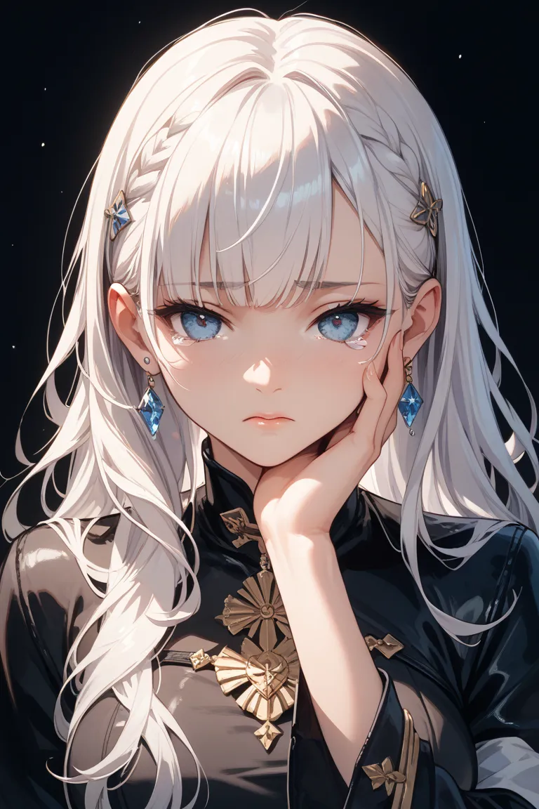 falling down　regaining it　In time　in beautiful image quality　 white hair　my hair is very long　 Reach Out 　sad expression　thinking of someone　I can't put my hands on my face　 cut all the bangs　has a simple background　A few tears　Make the style of painting a...