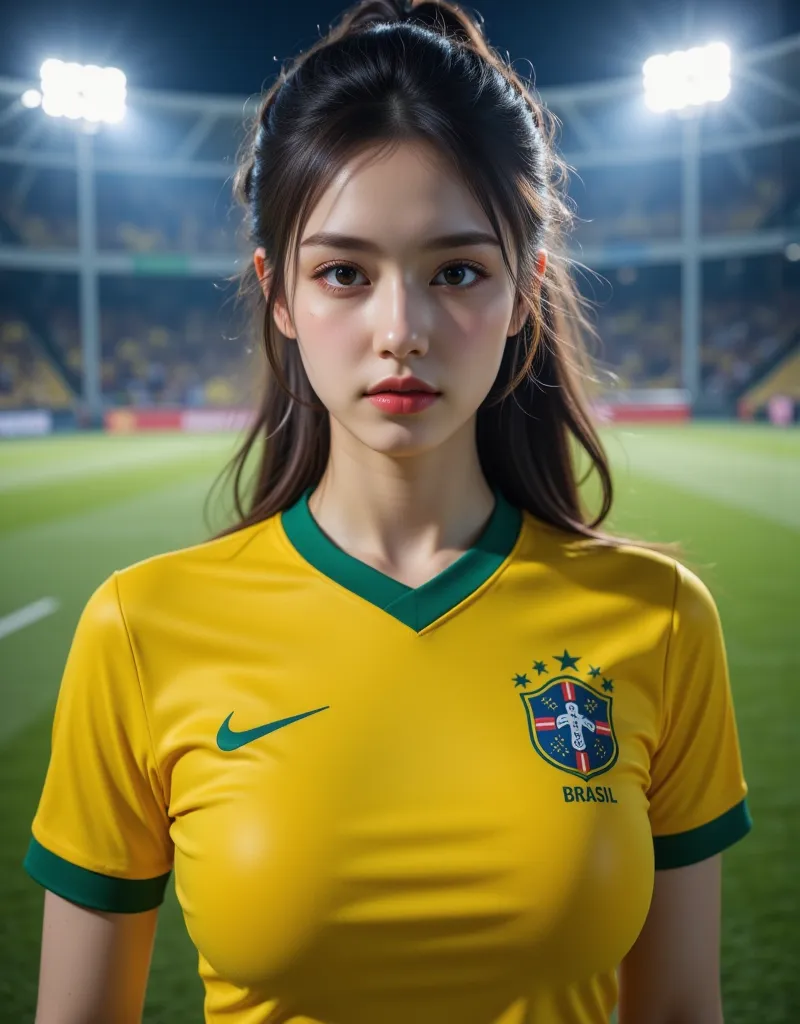 (清楚で超 beautyな巨乳の韓国人美女がブラジル代表のユニフォームを着て立っている:1.2)(Laughing whistling :1.2)(汗ばんだbeautiful skin:1.1)(16k,  RAW photos , Top Quality, masterpiece: 1.2),(glossy and beautiful wavy ponytail with black hair:1.1) Super Detail, super resolution, (Genuine, Genuine p...