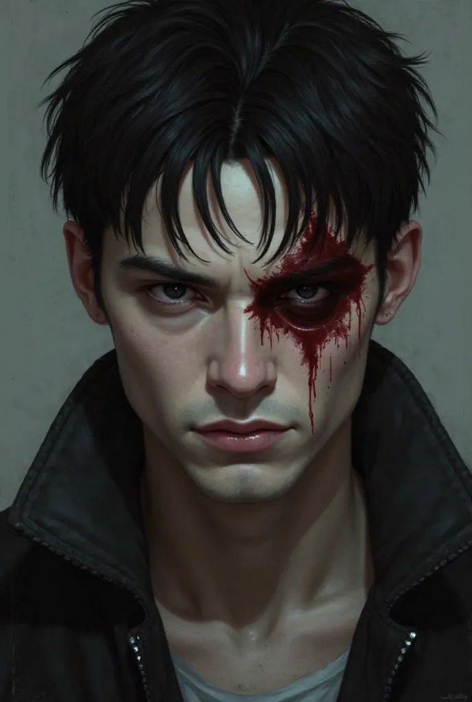 Realistic image of a 26 year old man with short black hair; the eyes were black, on his left eye there was a big scar that crosses his eye, he had thin and cracked lips, the skin was really clear.