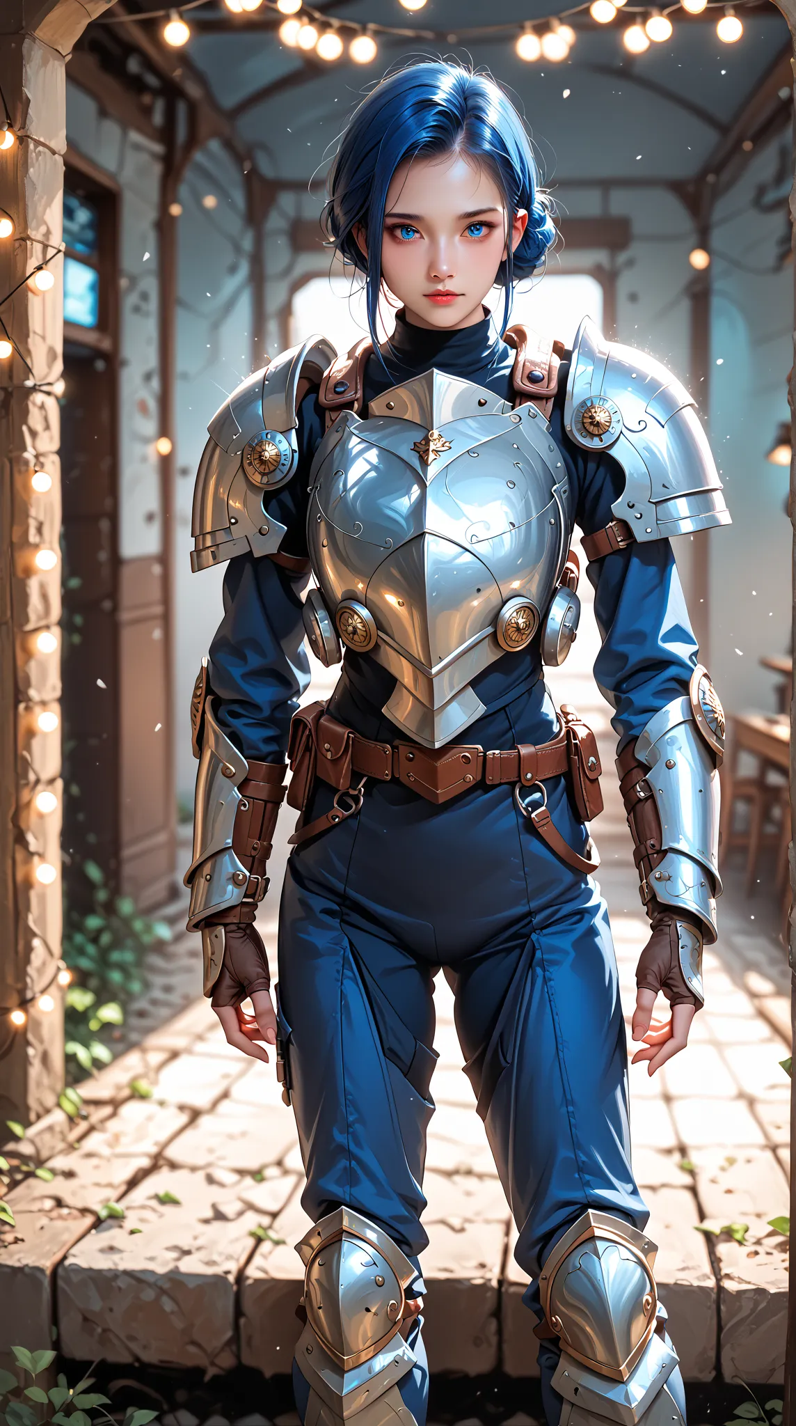 4K anime style image quality,digital drawing mode,A shy and shy engineer,has short dark blue hair and dark gray-blue eyes,wearing Uchigane Nishiki IS combat armor,with white and navy blue exterior armor,standing in an advanced military testing facility,sur...