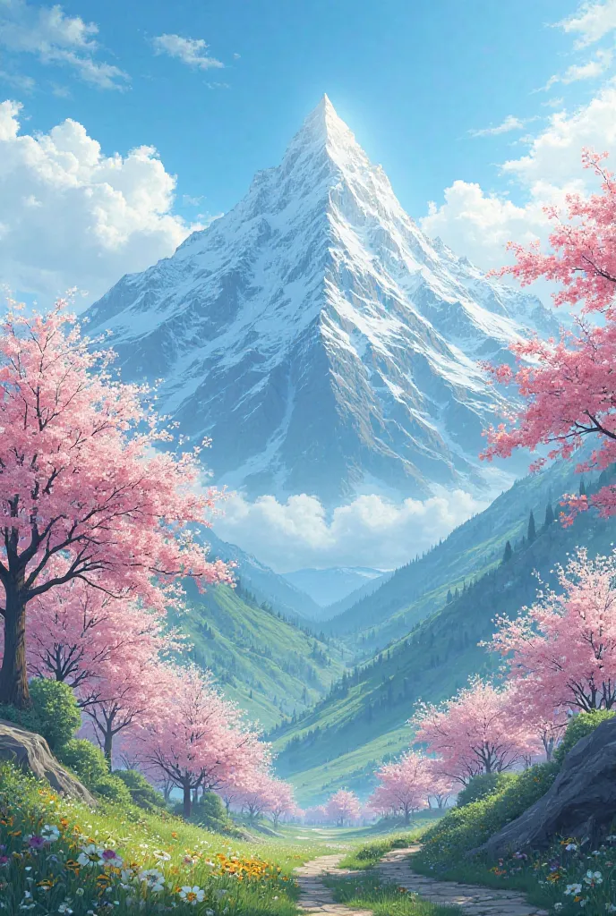 mountains covered with snow , trees are covered with spring flowers.