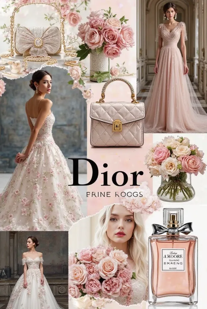 A luxurious and sophisticated mood board capturing the essence of Dior. Include images of elegant gowns, delicate floral patterns, feminine silhouettes, haute couture craftsmanship, Parisian architecture, and iconic Dior accessories like the Lady Dior bag ...