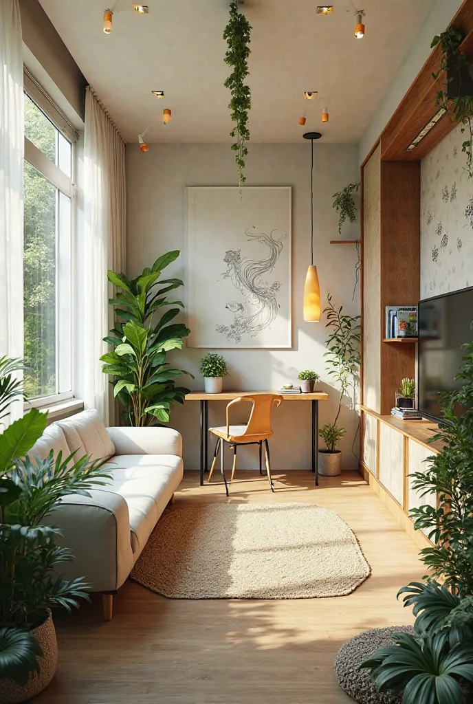 White - sofa,bed,study table,chair,cupboard
Other - fish tank,many plants and trees
On wall - Nethusha,leaves , draws, yellow lights

Create room with these detais