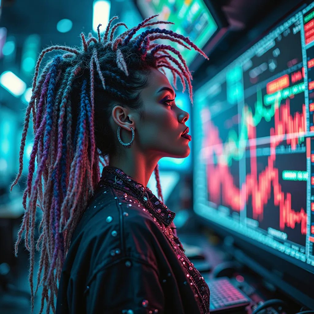 A striking and eccentric female trader on the stock exchange floor, surrounded by chaotic, multi-colored stock market graphs in vivid blue, green, and red, fluctuating wildly on massive high-tech holographic screens. She has an extravagant hairstyle—long, ...