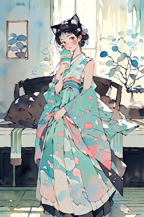 ((masterpiece:1.2)), ((Top Quality:1.2)),  1girl , ((Cat ears:1.2), hakama short skirt, Kosode , (sleeveless), Japanese house's engawa, drinking latte, camellia patterned kimono, thighhighs, head tilt, (candy, room filled, colorful), (full body), bright sp...