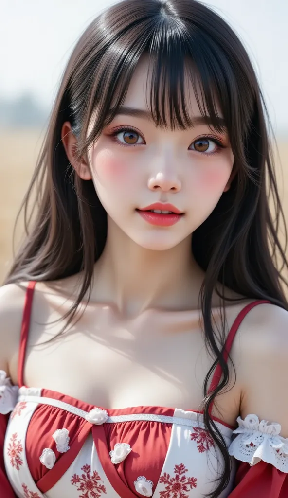 high resolution,  super high quality, 32K, surreal, Realistic photos:1.37,  beautiful woman, , Beautiful details ( eyes, Long eyelashes, Lips), , and her hair,  bangs:1.3, Ji Qie, puppet, Charming Smile, Half open mouth, Head tilt, Light blue, Rift, Middle...