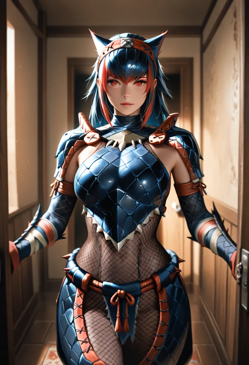 masterpiece, best quality, vibrant, very aesthetic, high contrast, photorealistic portrait,the work of art,beautiful detailed face,detailed texture,detailed skin, newest, 1girl,monster hunter,source_monster hunter,Nargacuga Armor,fishnet bodysuit,standing ...