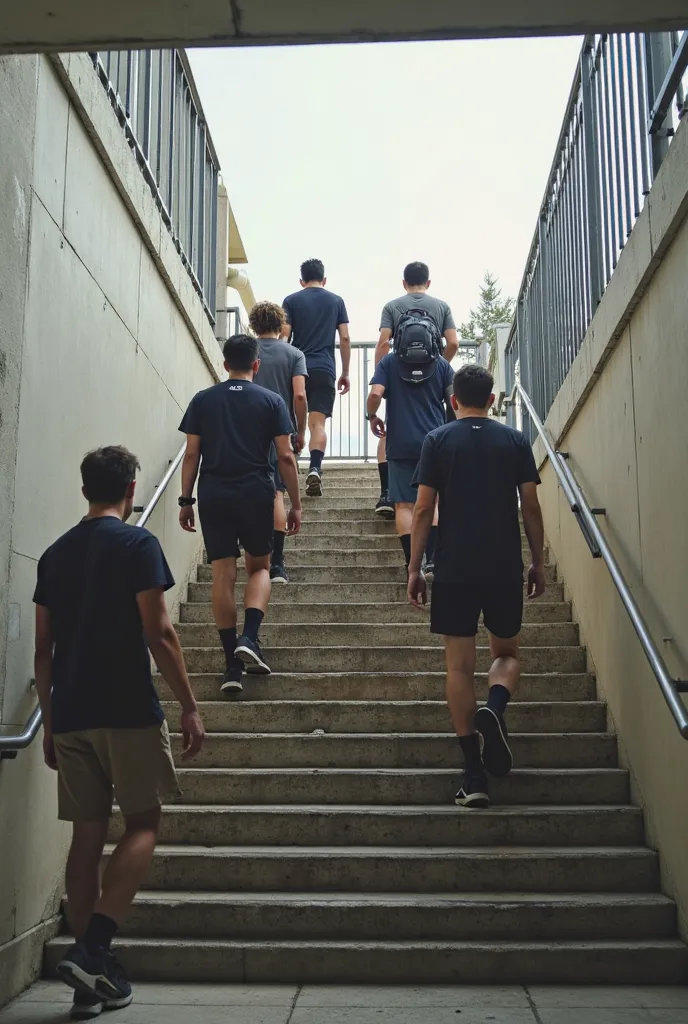 Cinq étudiants masculins en tenue de sport, montent un escalier les pieds sur les cours jetés par terre,  d’un autre étudiant assis sur les marches d’escalier. Les pieds sur ses cours chiffonnés et souillés. 