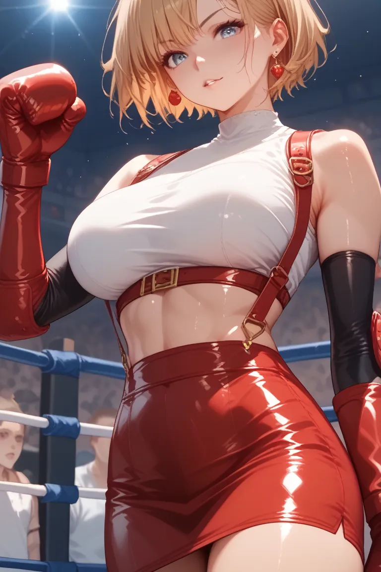 Big Breasts、tsukishiroluna、anime、Top Quality、4K、8k、earrings, white crop top, suspenders, Black Miniskirt, pencil skirt, arm warmers, black elbow gloves, elbow pads, red gloves, red footwear、 boxing、shiny skin