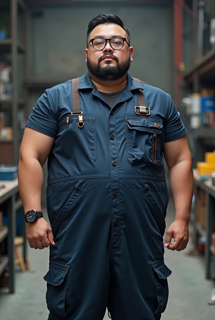 He wore a dark blue overall work suit. A chubby young Chinese man with muscular arms and a sturdy,thick build,giving an impression of professionalism and efficiency. The work suit was uniquely designed,with the upper part partially open to reveal his abdom...