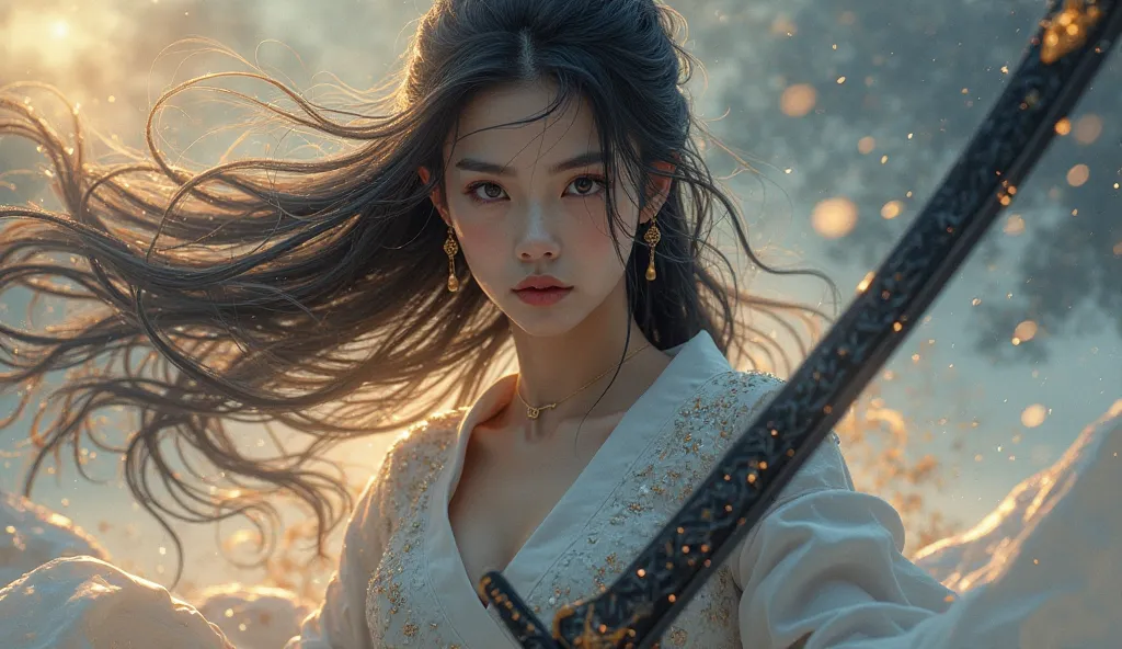 (((Topless photos of beautiful woman))) , Woman, most beautiful, Sweet, elegant ,full body ,large breasts, young, black hair, Demon slayer pose, holding a black and gold glowing katana great sword ready to fight posture, wearing women's earrings, with long...