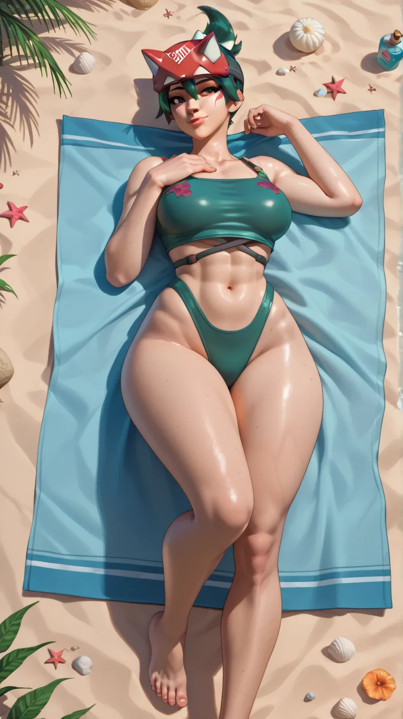 score_9, score_8_up, score_7_up, 1girl, solo, Kiriko Overwatch, seductive smile, green monokini, sexy pose, sexy body, large breasts, flat abdomen, small hips, big ass, wide thighs, wide legs, lying acros, on long towel, from above, by sunset, beach backgr...