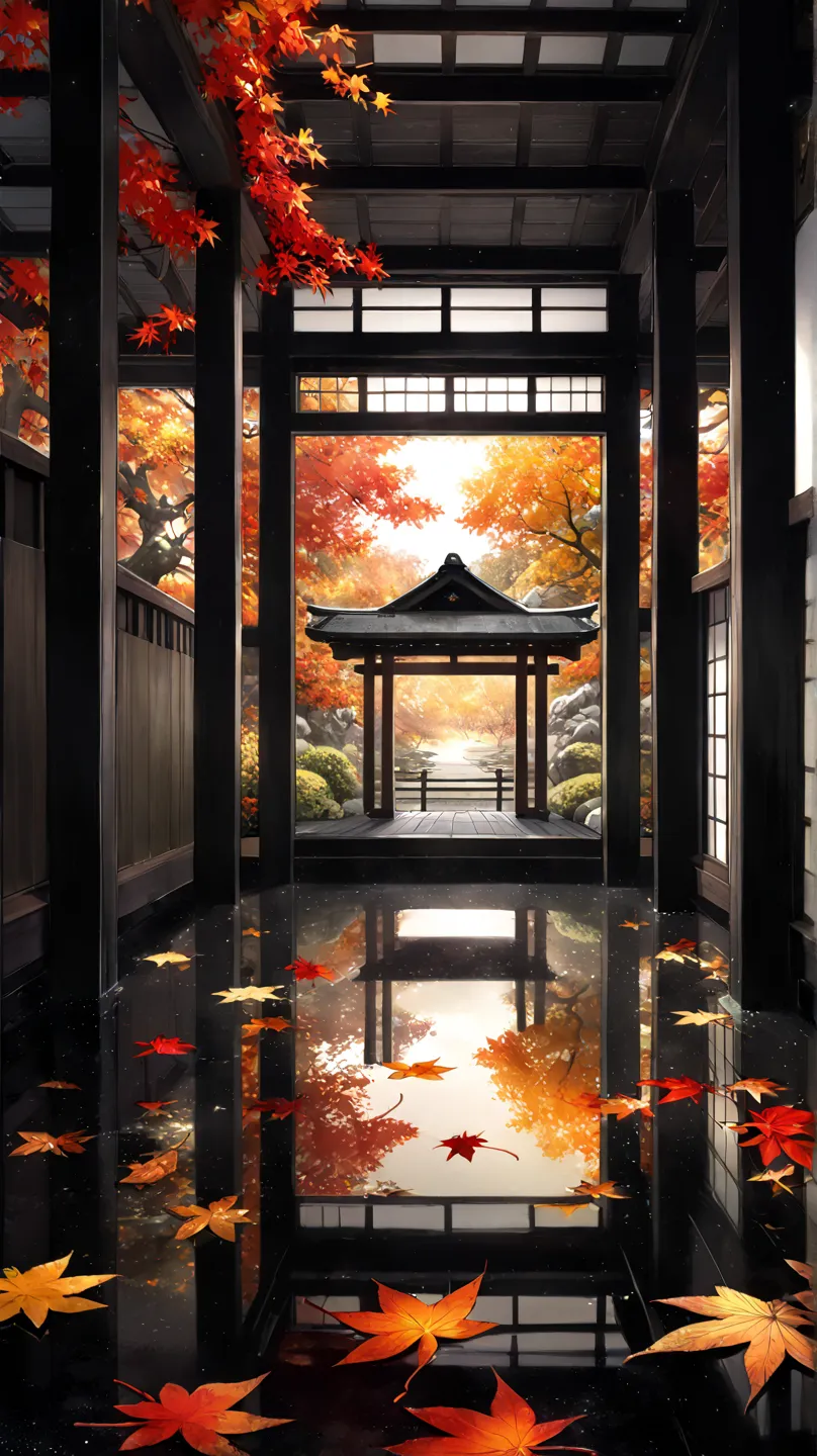    Black Glowing Blackboard Floor    、     Floor Reflects Like a Mirror     、    Dark Temple Room      、   A wooden hallway balustrade is placed on the back side of the floor、   Japanese garden with beautiful autumn leaves    、   Scenery of autumn leaves r...