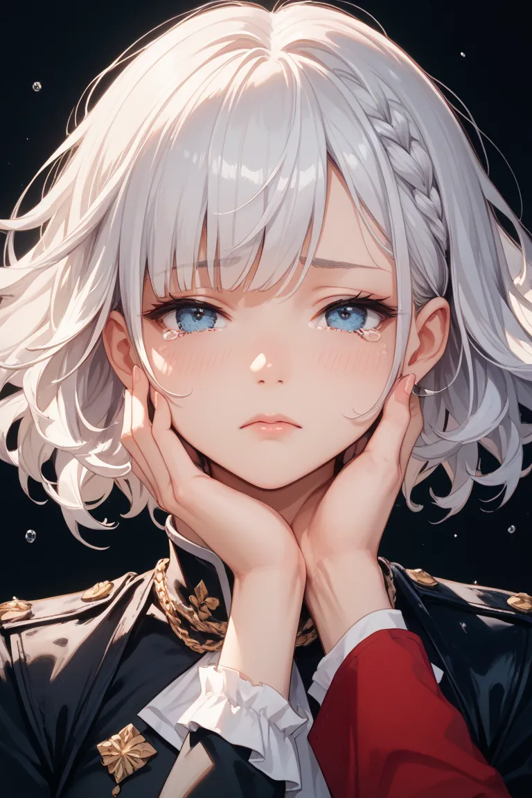 falling down　regaining it　In time　in beautiful image quality　 white hair　my hair is very long　 Reach Out 　sad expression　thinking of someone　I can't put my hands on my face　 cut all the bangs　has a simple background　A few tears　Make the style of painting a...