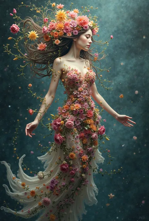 Make an unrealistic drawing of a woman composed of flowers 