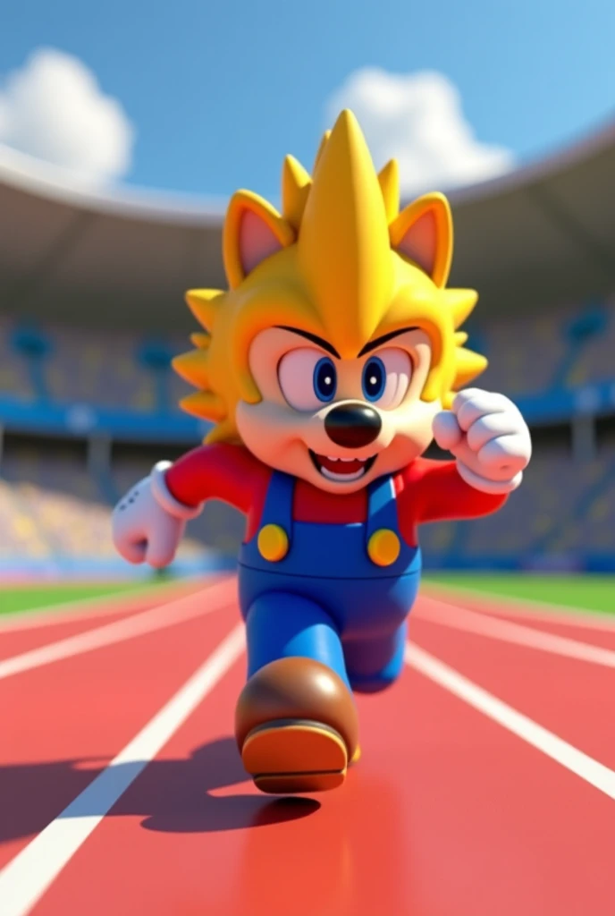 The character Mario runs between the angry big yellow wolf and the character Big Angry Bear brown face, Mário's shoe is shining , They are on an Olympic track follow the following image style:   "2k quality, 3D-style scene animation