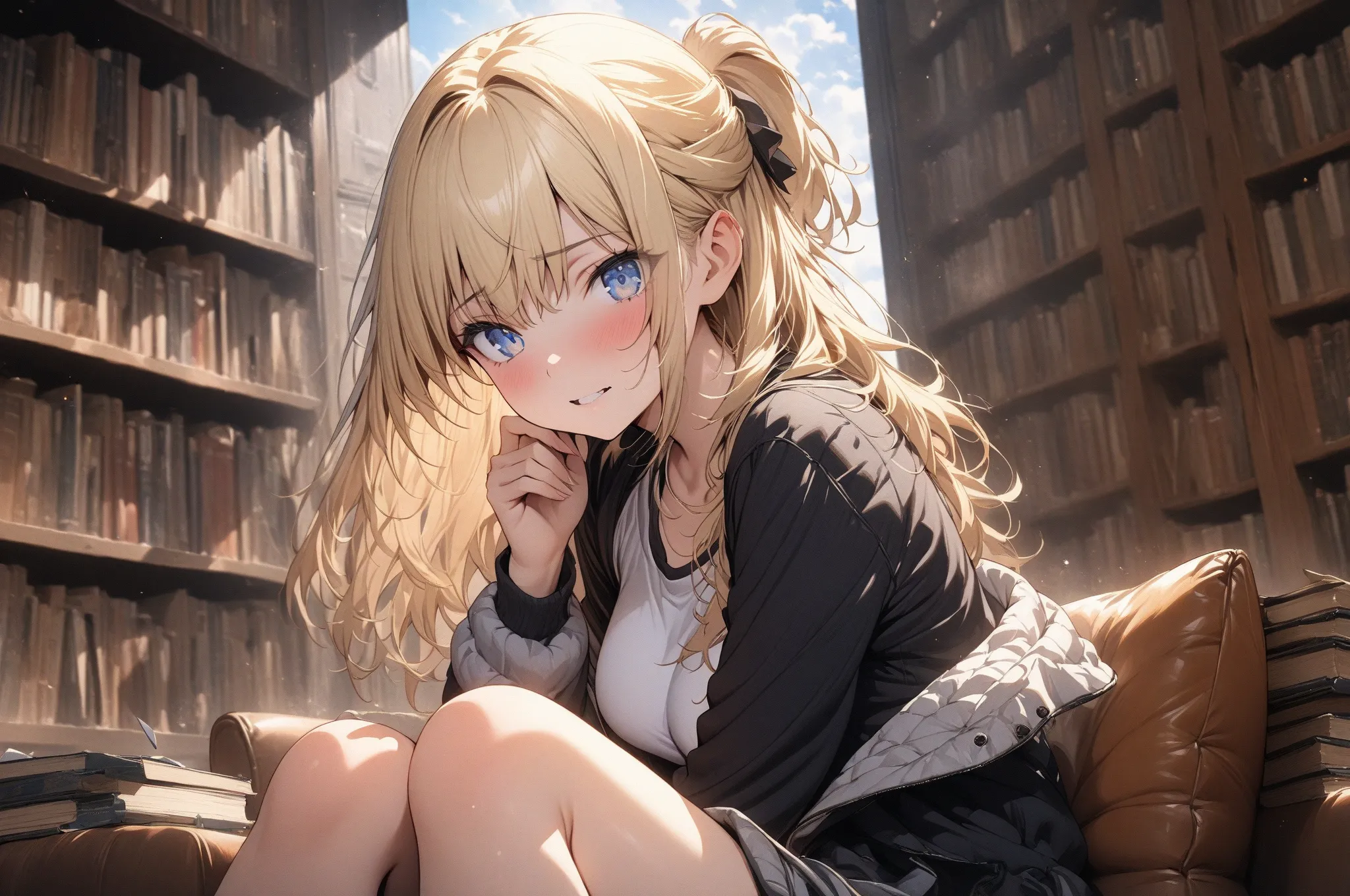 (masterpiece, detailed:1.2), One Girl, (18-years old), blonde half updo, Medium Breasts, sky blue eyes, BREAK, Highest quality, in Library, sitting on sofa