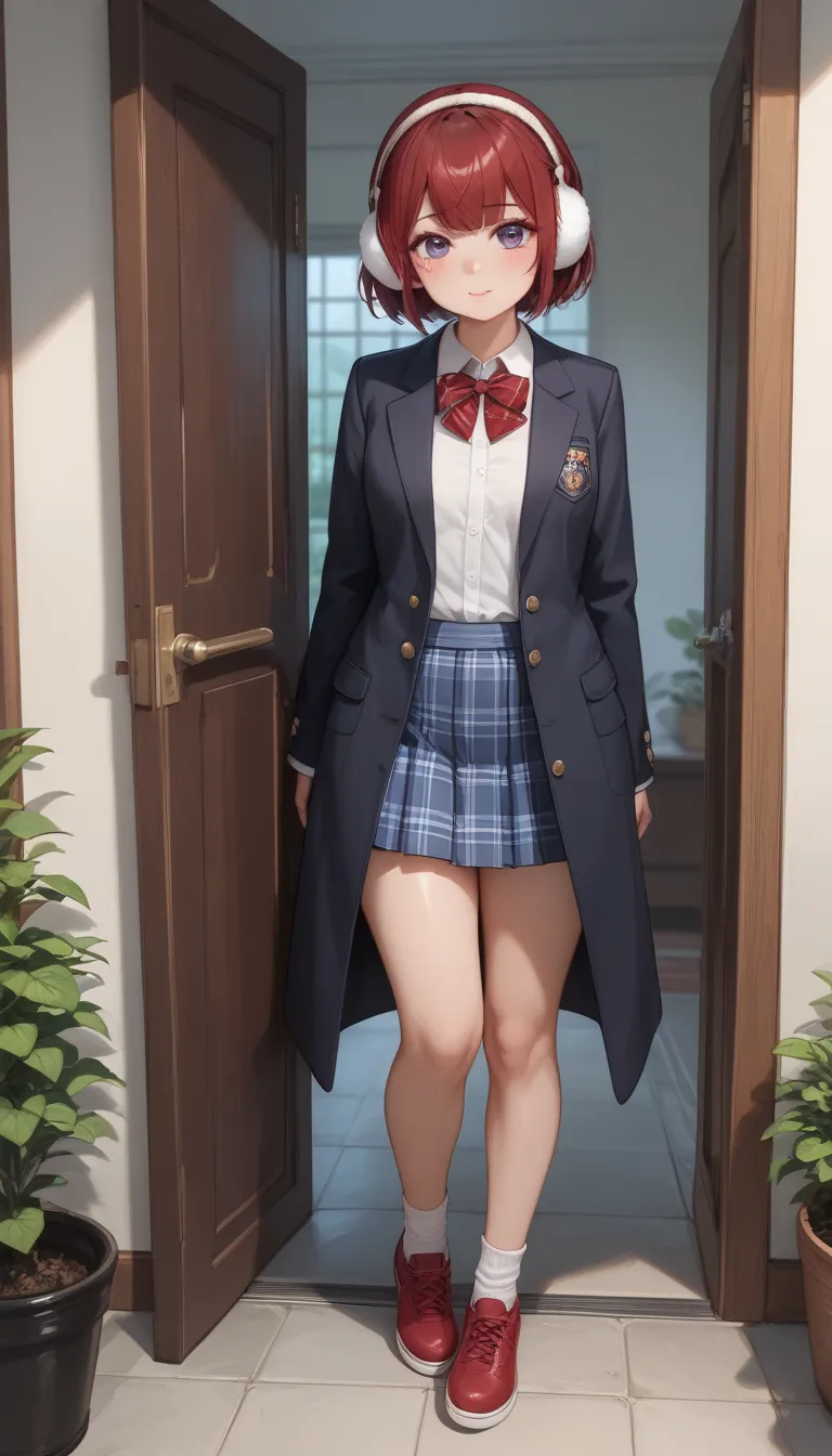 girl standing at the front door of the house 1、front door is closed、(full body drenched in rain)、(blazer duffle coat over uniform、short plaid skirt、cute earmuffs)、(shy expression、Looking at the viewer sideways)、 slim body 、Mid-chest、 thighs、short bob hair、...