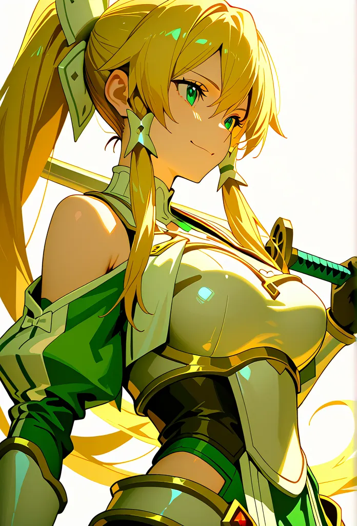 alone, 1 girl, Leafe, long hair, blonde hair, hair accessory, green eyes, ponytail, hair tube, ripped bare shoulders, armor, breastplate, sleeves apart, gloves, black gloves, dress, green dress, holding, handguard, scabbard, weapon, Focus on women, armor, ...