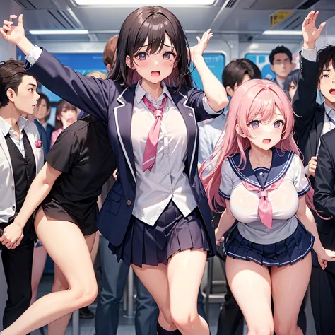  female student、sailor suit、Very short pleated skirt、Crowded train、one woman、 cute woman、Many passengers、my thighs are thick、best image quality、High Resolution、masterpiece、very high quality、pink is beautiful、 pink panties 、big butts、big breasts 、、4K qualit...