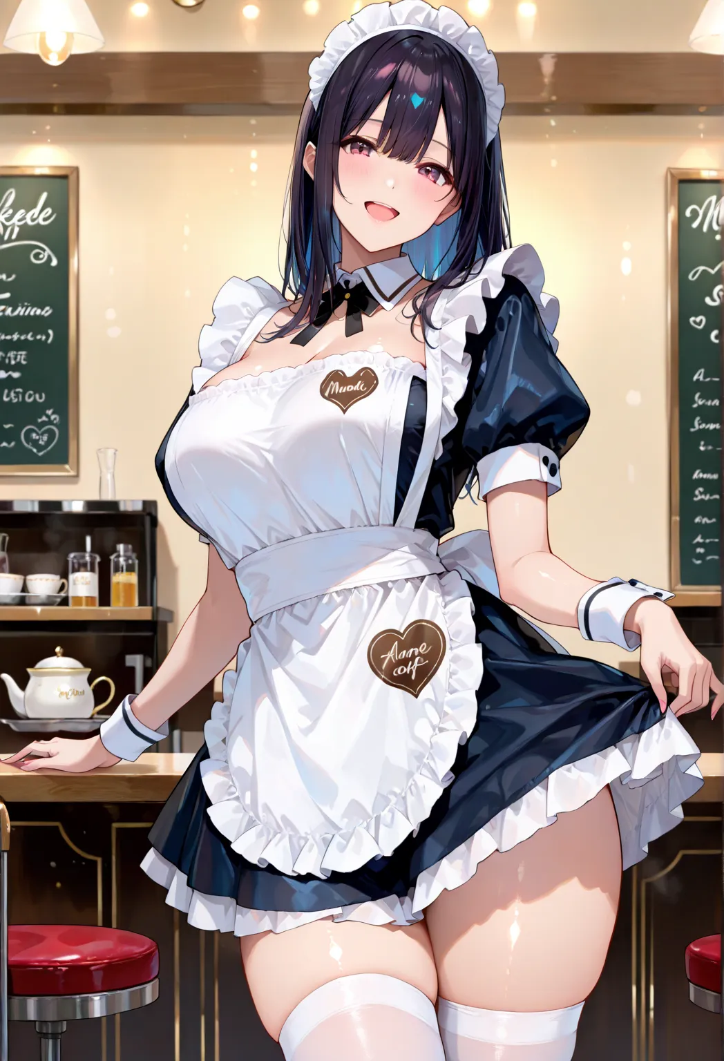 (Best Quality), (Very detailed), (Best illustrations),Gravure Model,maid cafe,(hoduki kaede),Alone,thighs, looking at viewer,maidcostume,standing,open mouth, shiny,smile,shiny hair,maid,1 girl, perfect body ,wide _Hip,(masterpiece:1.2),(best quality:1.2),n...