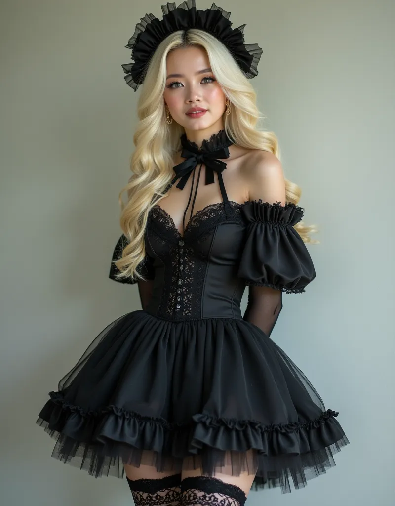 Beautiful blonde woman in gorgeous Gothic LOLITA style and also has gothic lolita shoes, high socks, Tulle skirts . Woman smiling . The picture shows the whole figure of a woman.