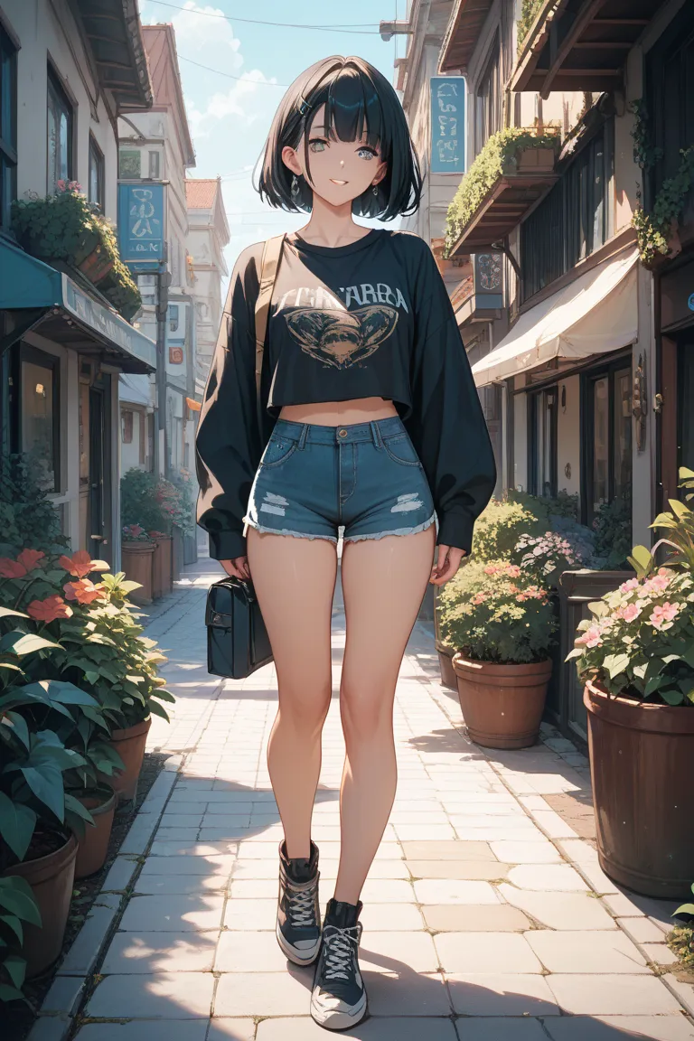 Black Haired Bob Full Body Woman Anime Style Shorts, No Bag 