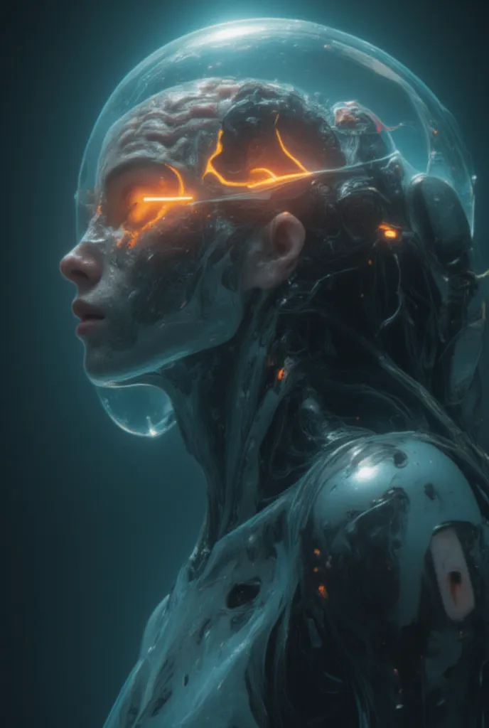 close portrait passion present kiss alien 。her sleek chrome body gleamed in the light， a cyborg that is fully robotic/mechanical except the human brain that incased in a hard transparent head/helmet (acrylic polycarbonate plastic)_ , reveals a human brain ...