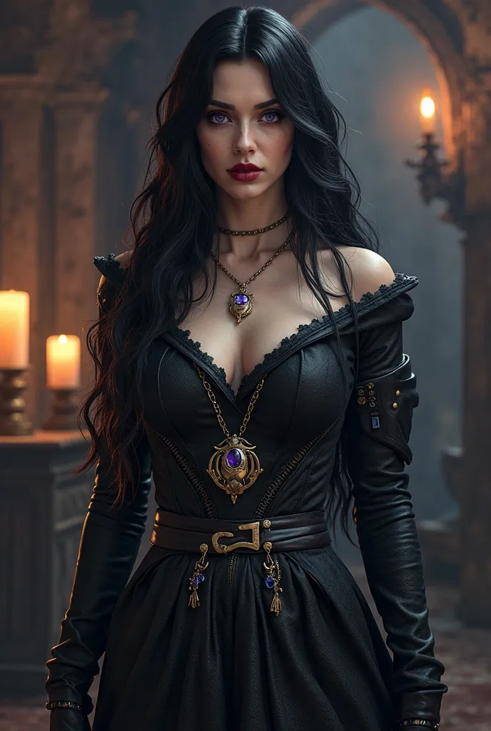 generate a yennefer in witcher games, witcher 3 wild hunt. make her more realstic with her witcher cosmetics, not a anime photo, need a real girl image as a yennefer 